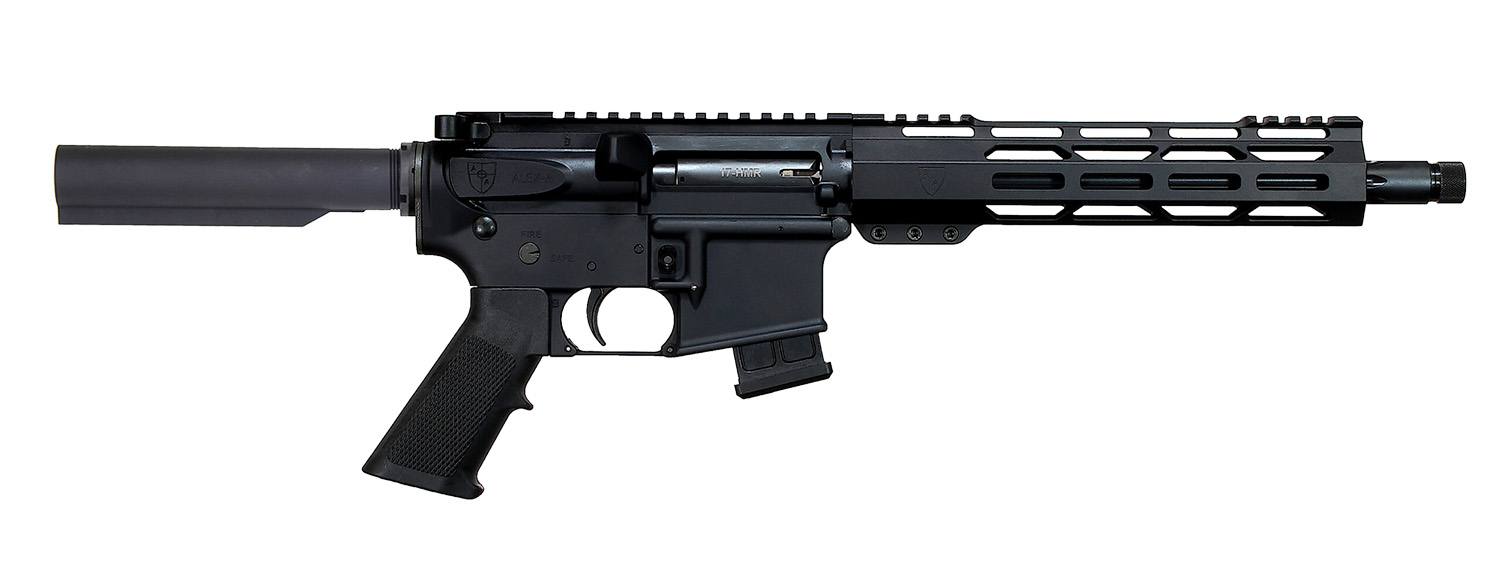 Side view of a modern firearm with suppressor.