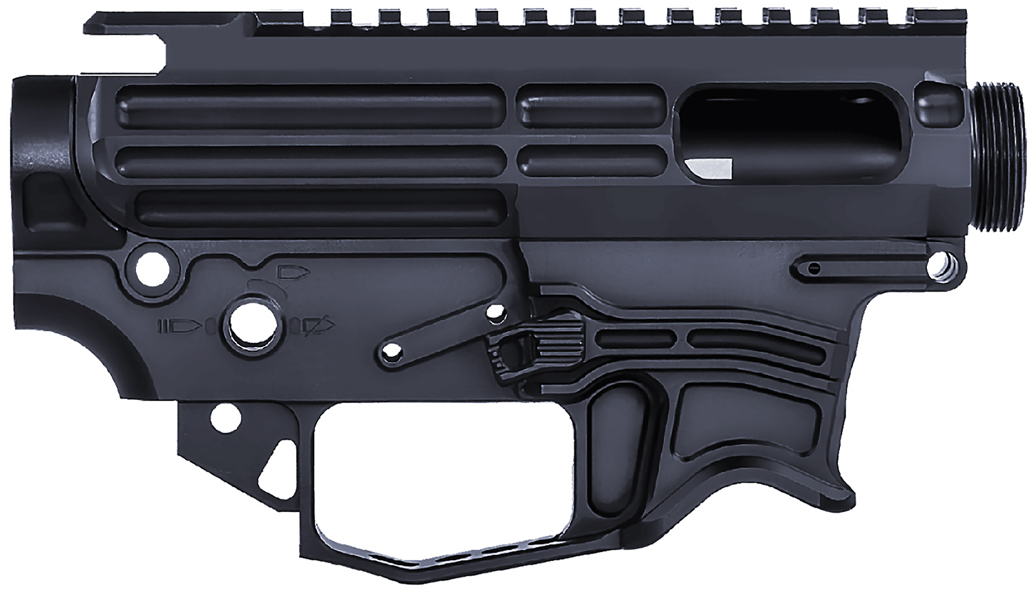 Black firearm receiver with rail and details.