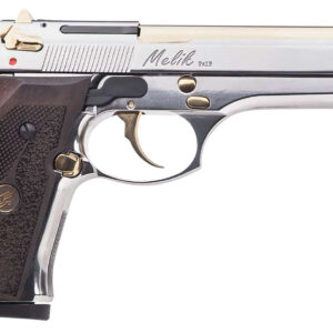 Metallic handgun with wood grip and gold accents.