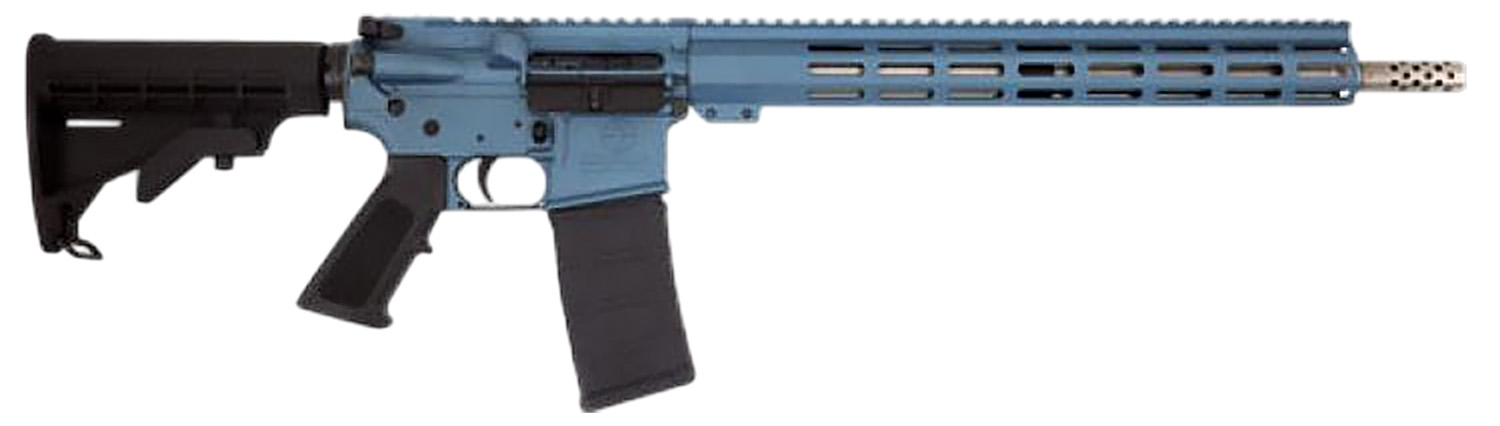 Side view of a blue rifle.