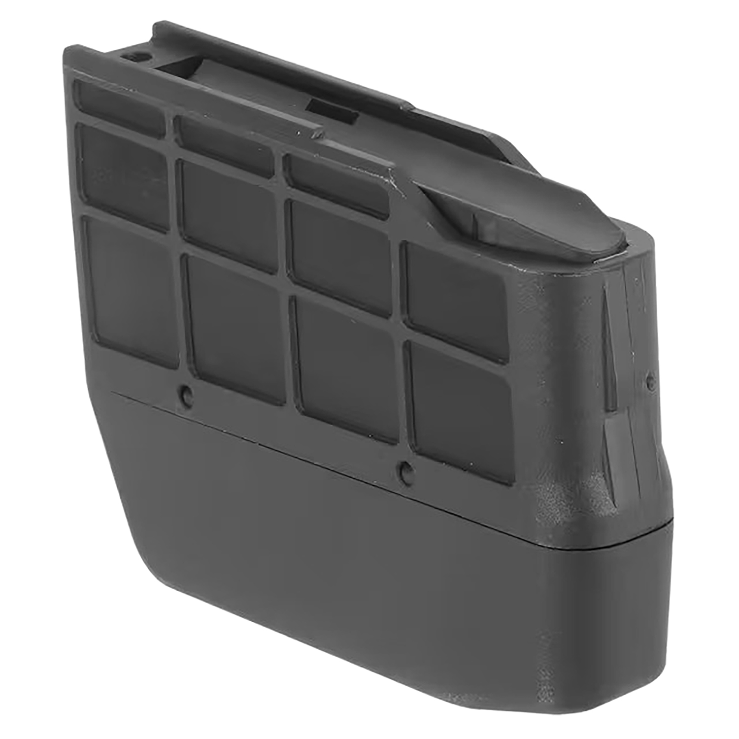 Black magazine for firearm, side view.
