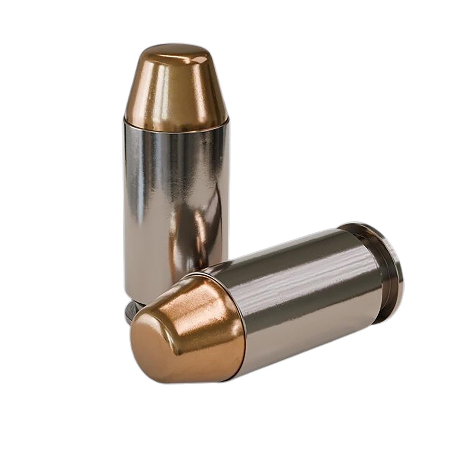 Two metallic bullets with copper tips.