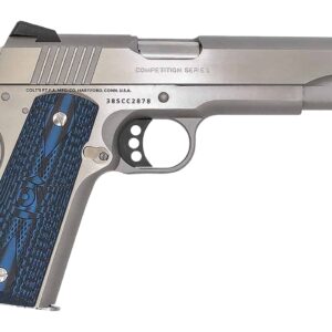 Silver competition pistol with blue grip