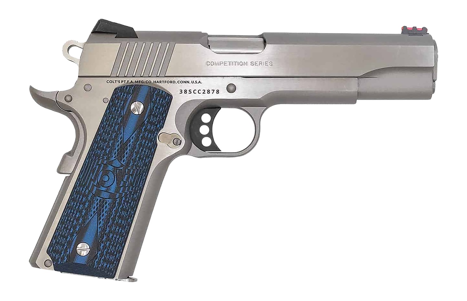 Silver competition pistol with blue grip