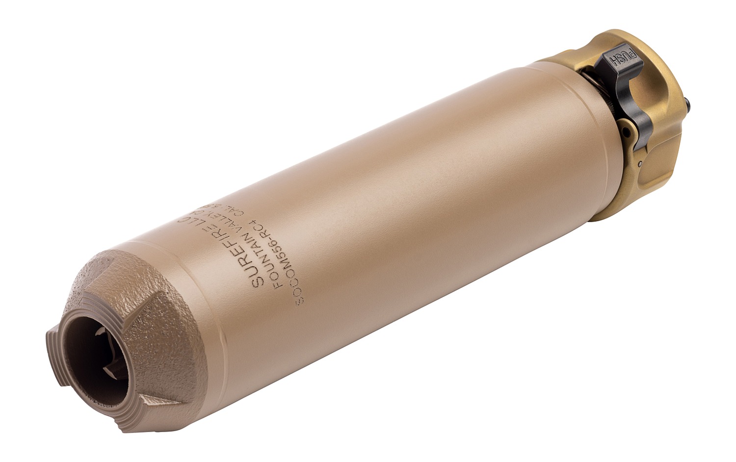 Tan suppressor for firearms on a white background