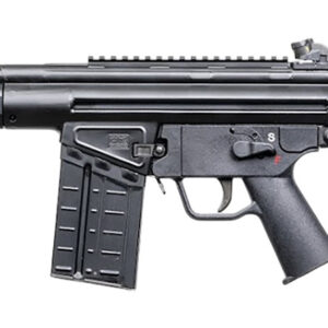 Black semi-automatic rifle on a white background.