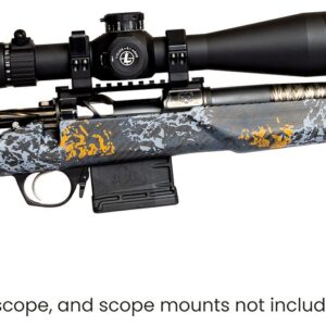 Stylish camouflaged rifle with scope attached.