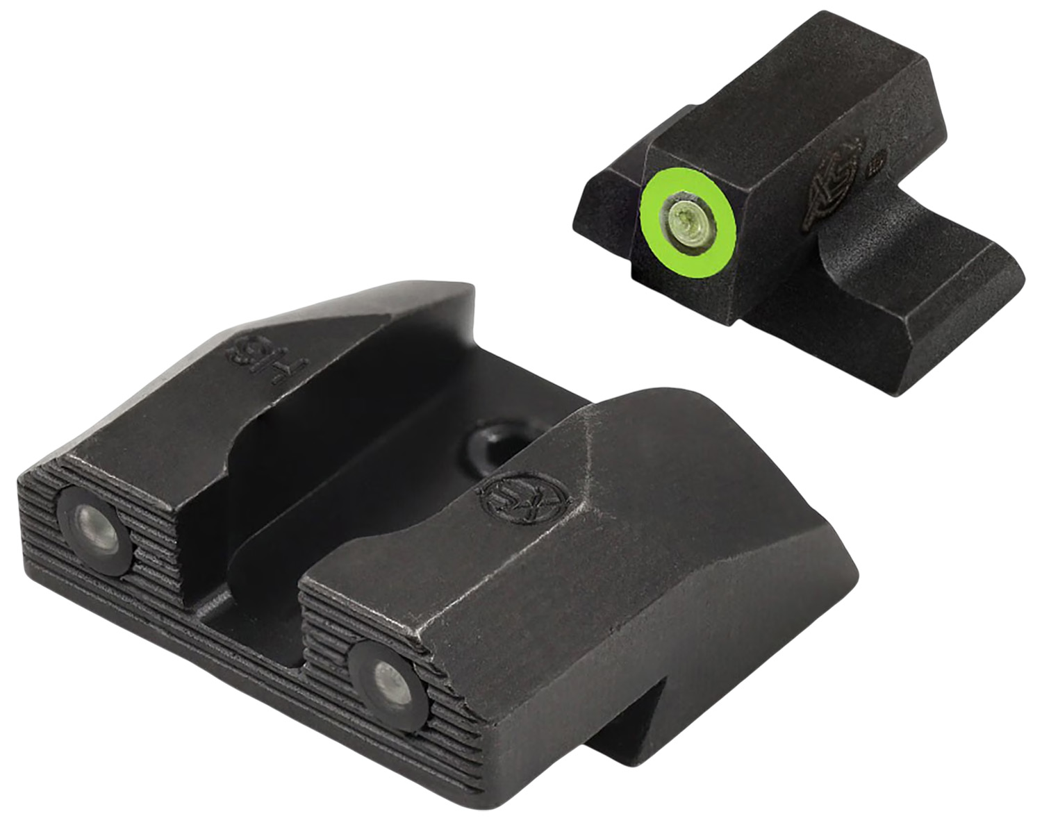 Black firearm sights with green accents
