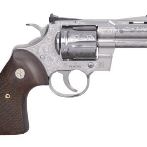 Detailed silver revolver with wooden grip.