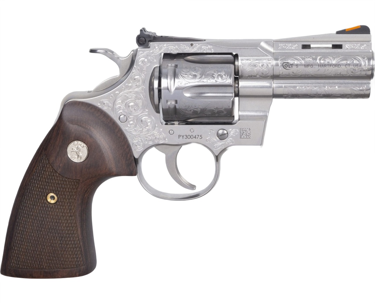 Detailed silver revolver with wooden grip.