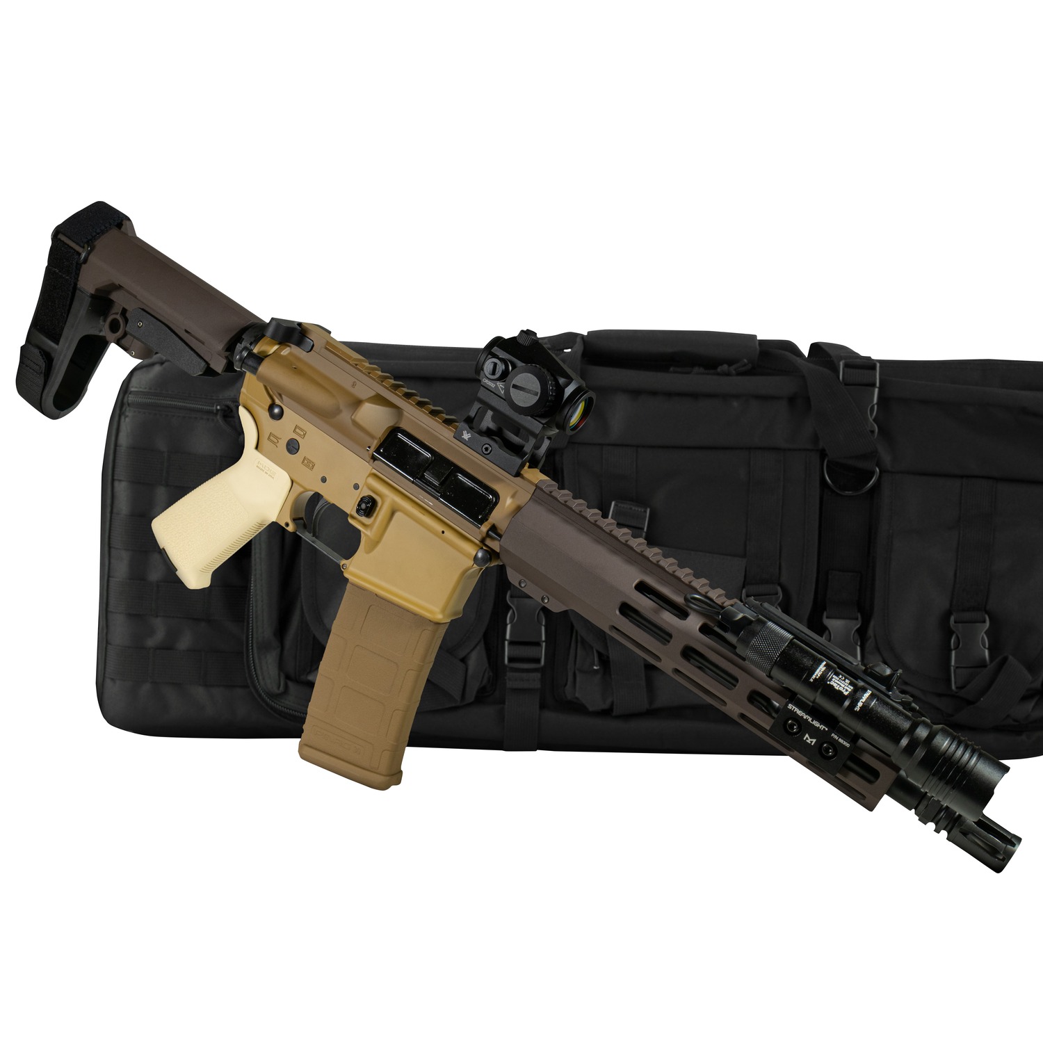 Tactical rifle displayed on a black carrying case.