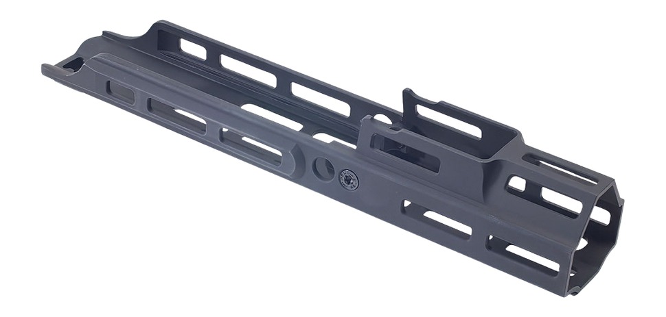 Gray rifle handguard with ventilation slots.