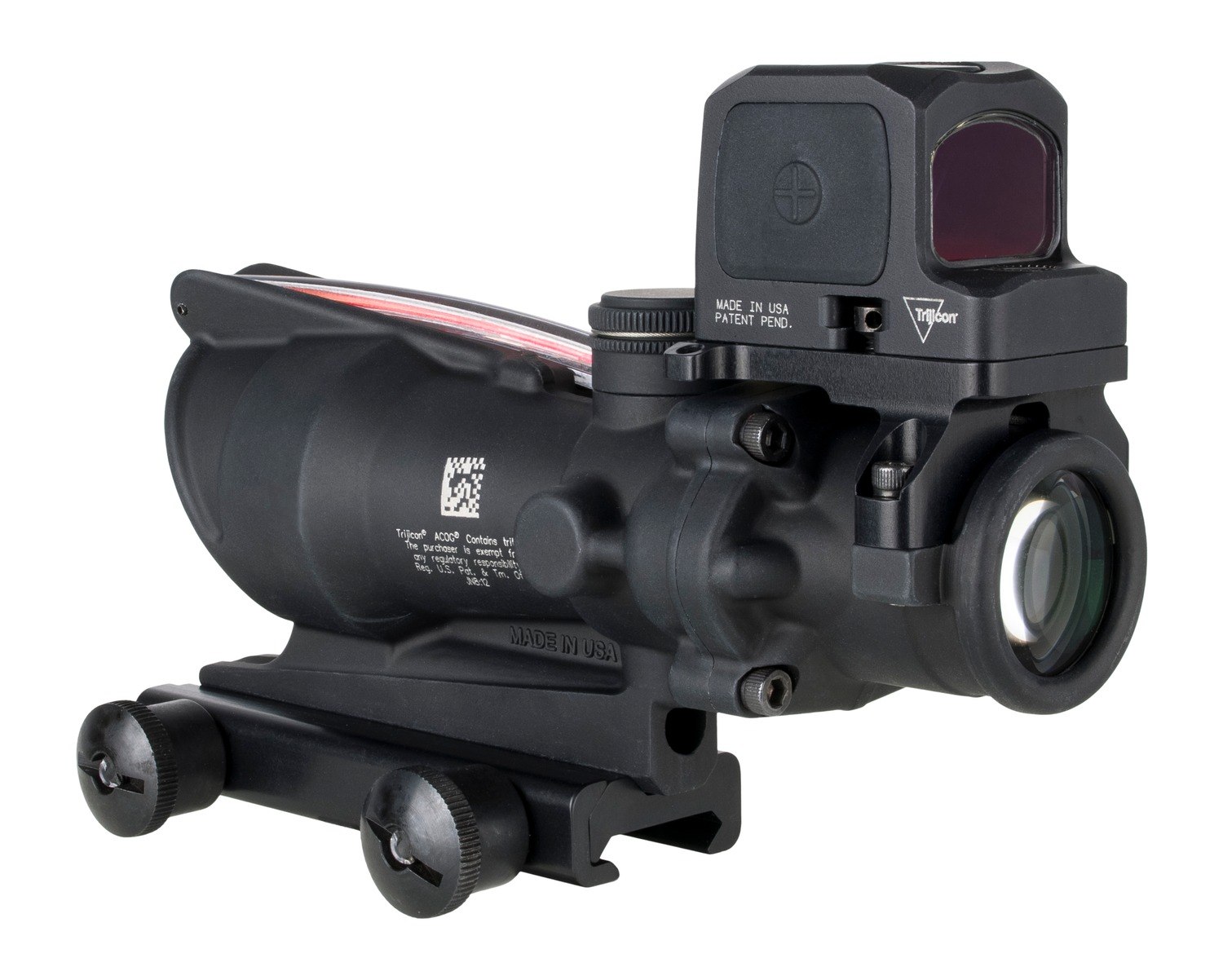 Tactical rifle sight with red dot feature.