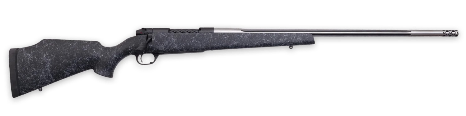 Side view of a modern hunting rifle.