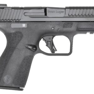 Black 9mm pistol on a white background.
