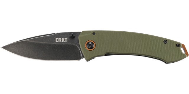 Foldable CRKT knife with olive green handle.