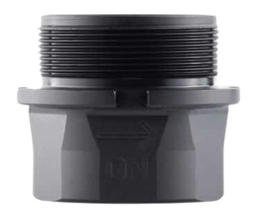 Black threaded pipe connector with a flat base.