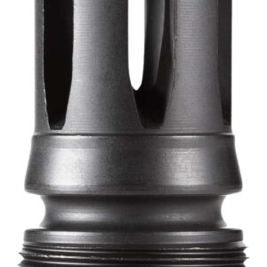 Close-up of a black muzzle brake component.