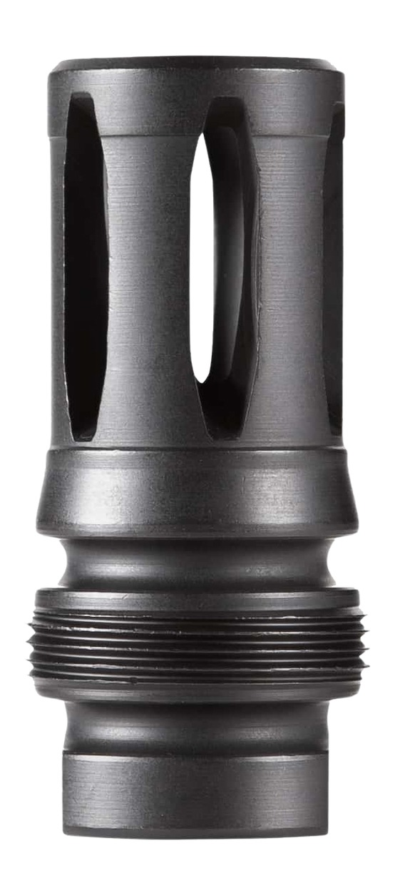 Close-up of a black muzzle brake component.
