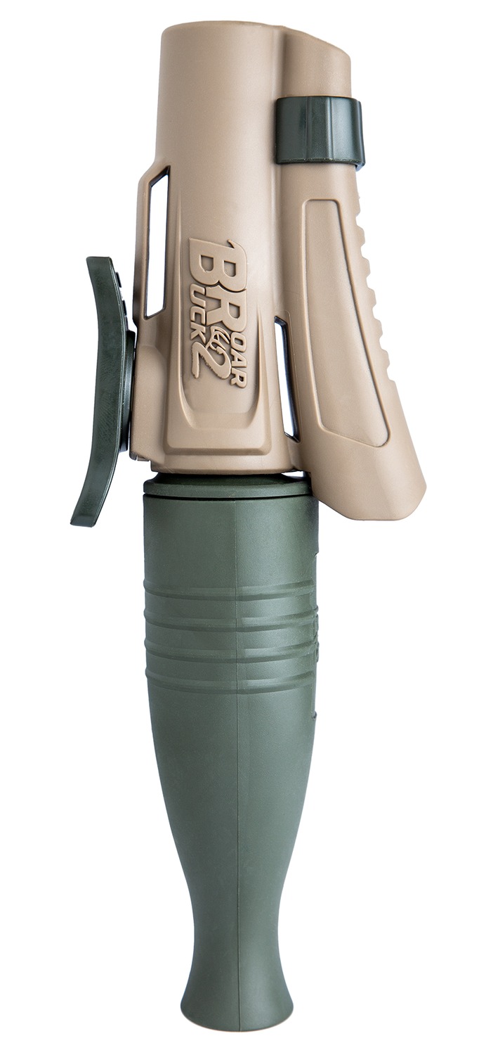 Duck call in tan and green colors.