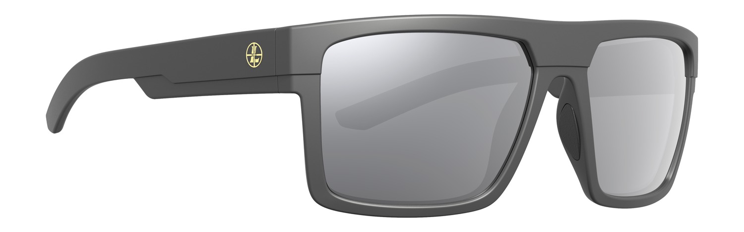 Stylish gray sunglasses with mirrored lenses.