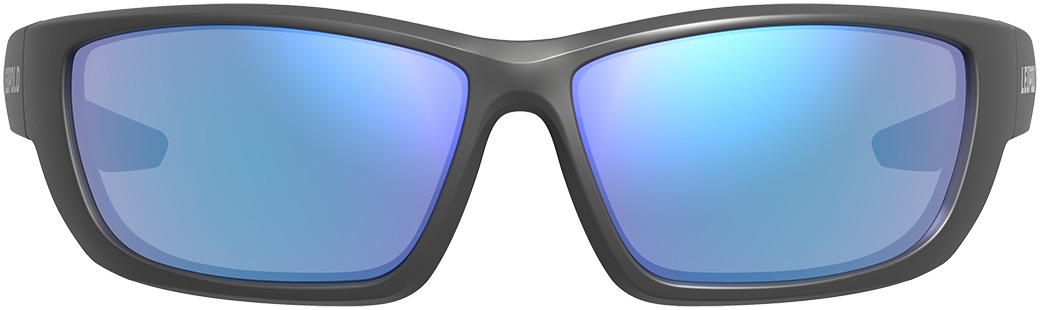 Stylish sunglasses with blue reflective lenses.