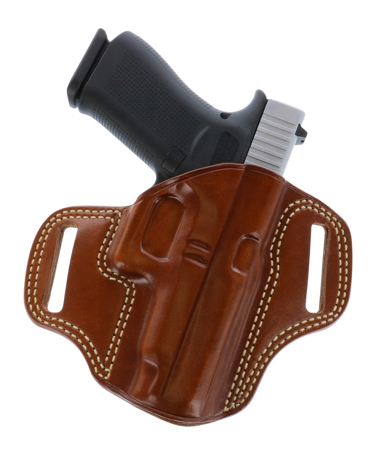 Handgun in a leather holster.