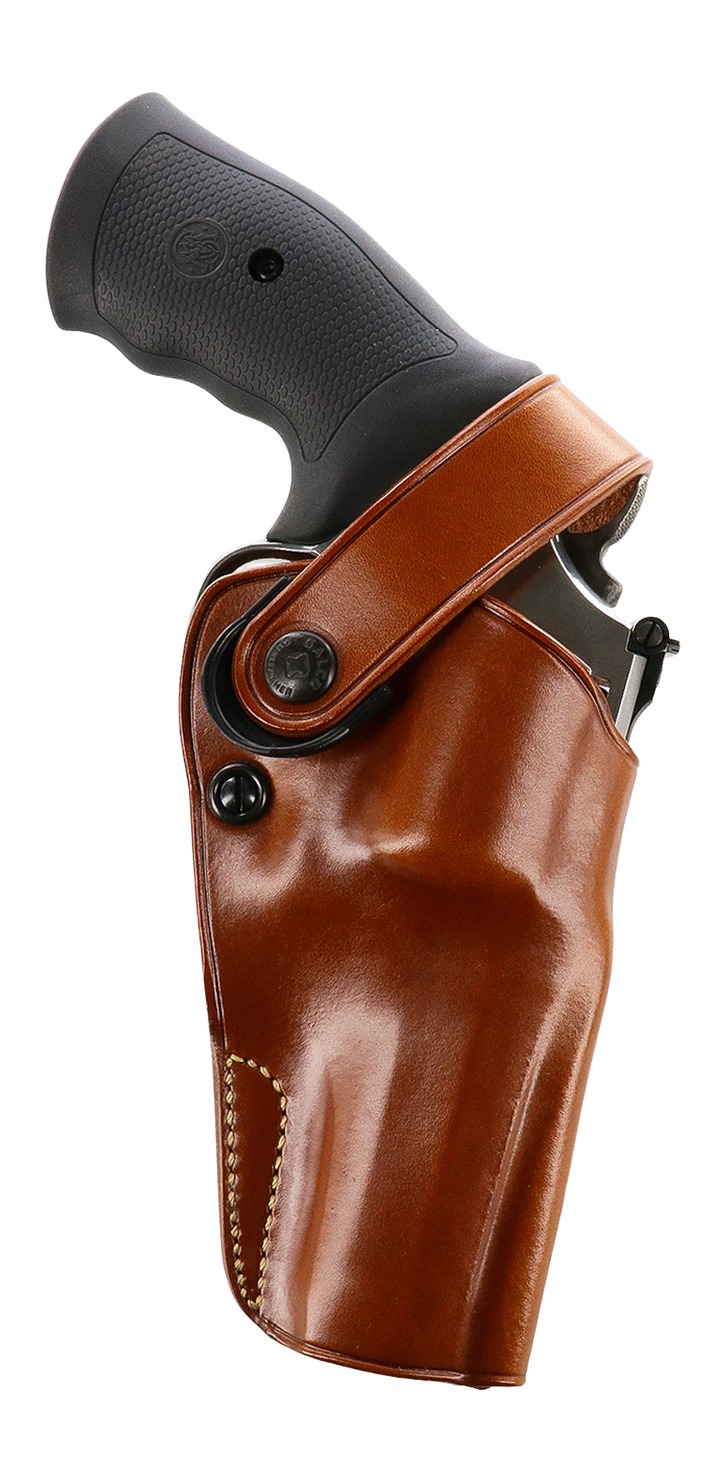 Brown leather holster with black grip revolver
