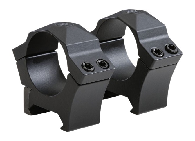 Black rifle scope rings for mounting optics.
