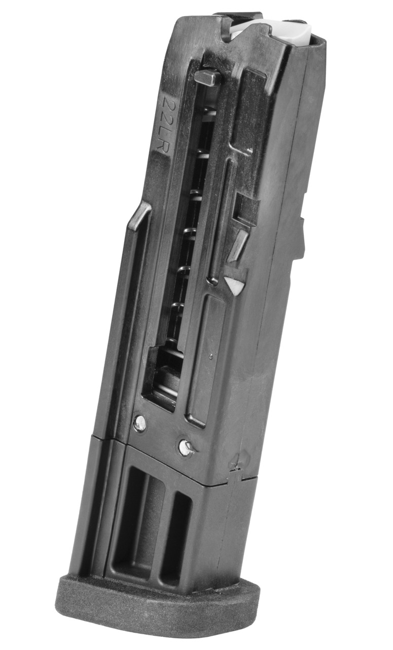 Black firearm magazine for .22 LR ammunition.