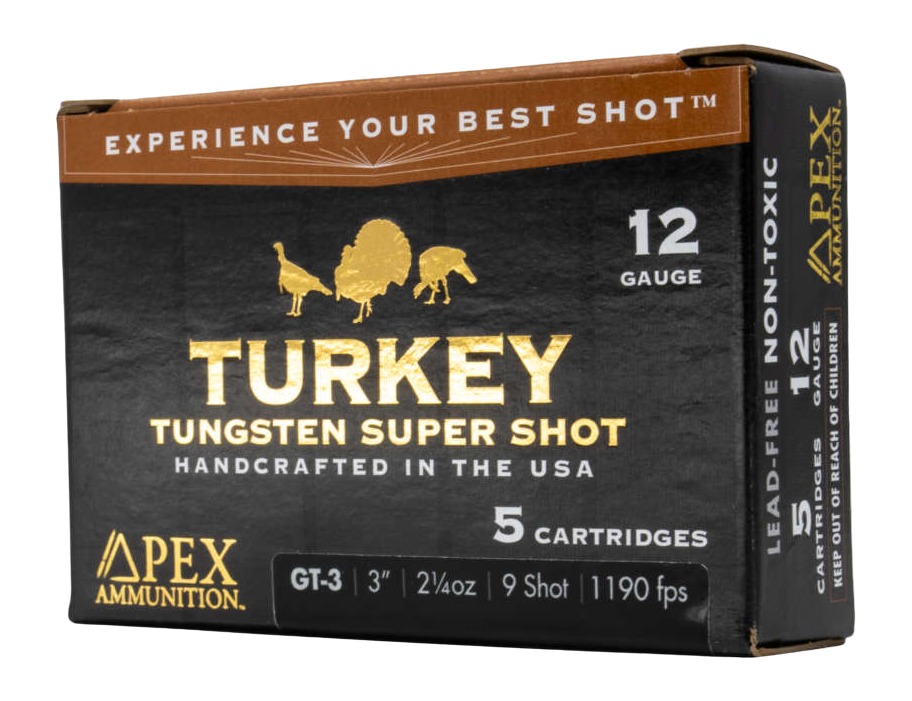 Box of 12 gauge tungsten shotgun shells for turkey hunting.