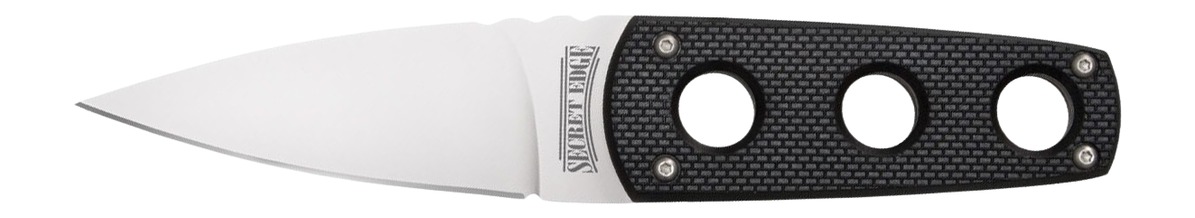 Folding knife with a sleek black handle.