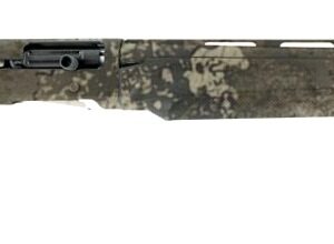 Camouflaged shotgun with barrel and stock visible.