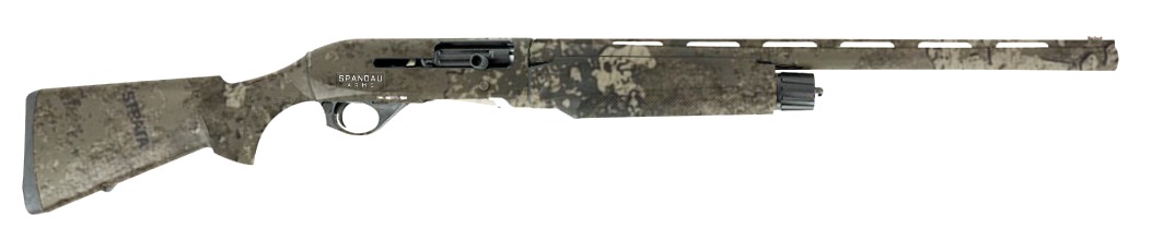 Camouflaged shotgun with barrel and stock visible.