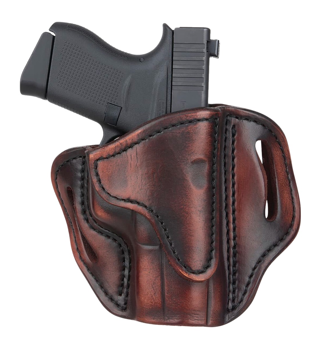 Black handgun in a brown leather holster.