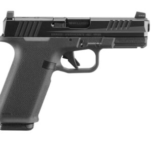 Black semi-automatic handgun on a white background.