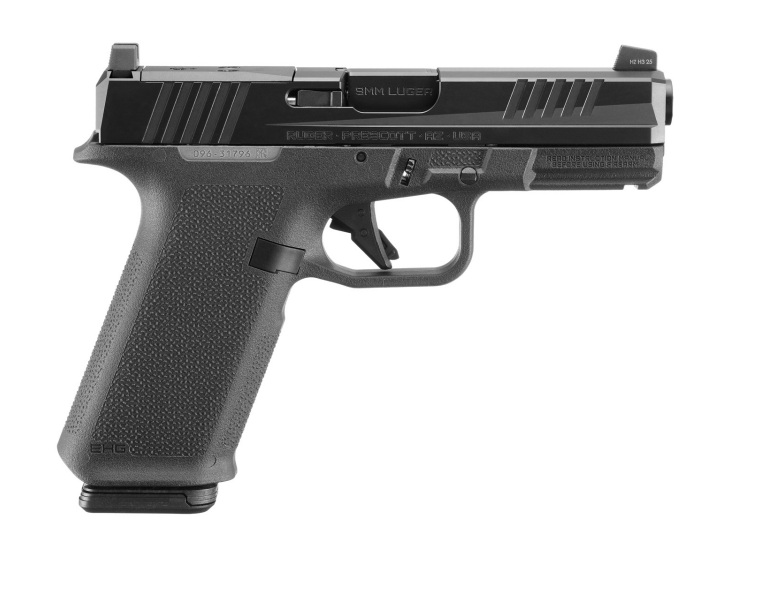 Black semi-automatic handgun on a white background.