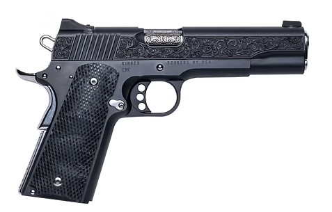 Detailed black handgun with intricate design.