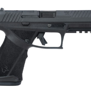 Black semi-automatic handgun side view.