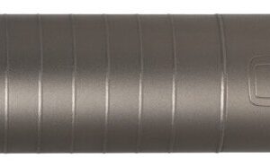 Cylindrical metal firearm suppressor with engraved logo