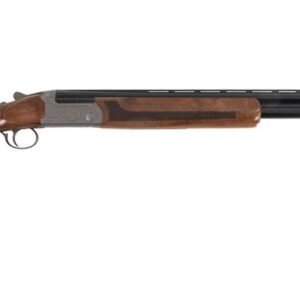 Double-barreled shotgun with wooden stock.