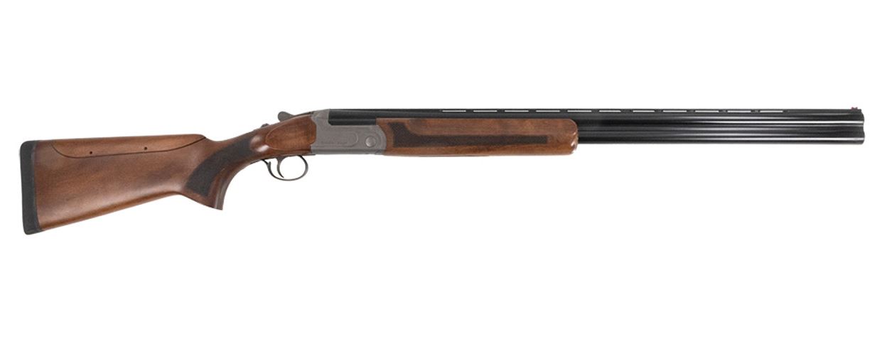 Double-barreled shotgun with wooden stock.