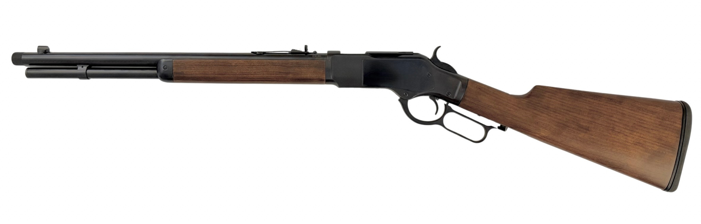 Side view of a lever-action rifle.