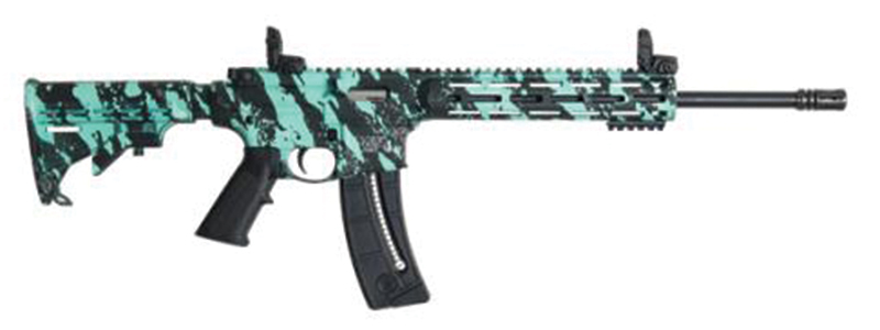 Decorative firearm with blue and black camouflage design.