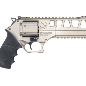 Side view of a silver revolver pistol.