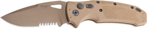 Tan folding knife with serrated edge.