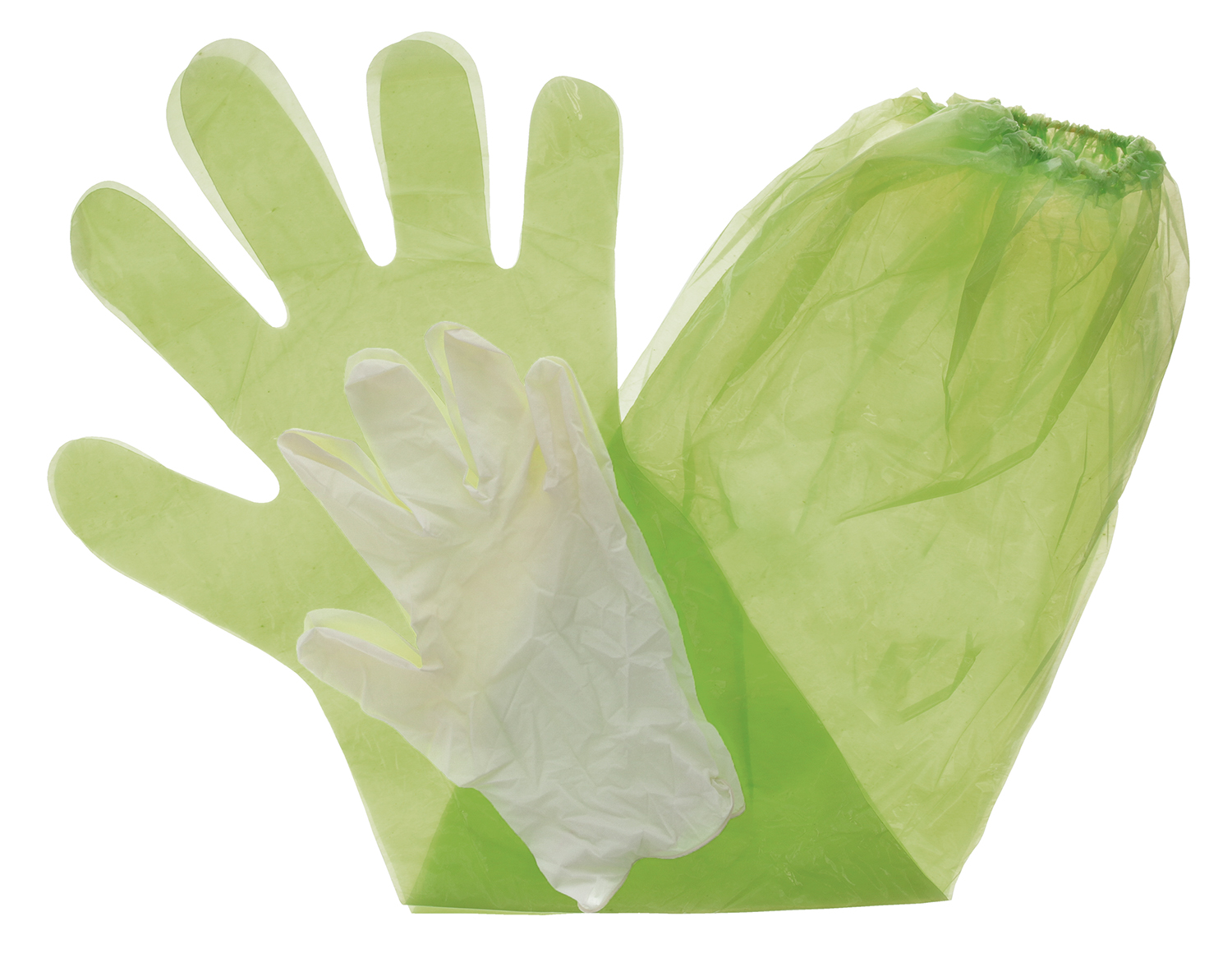 Green protective gloves and apron for safety.