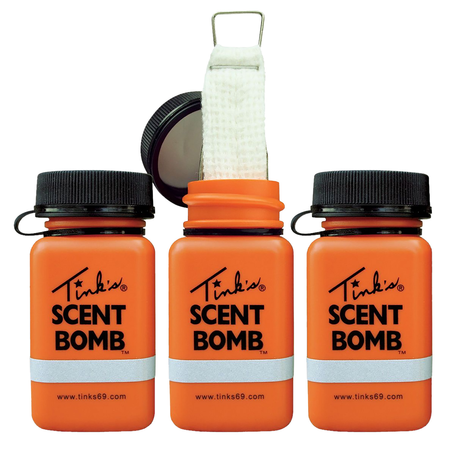 Three orange scent bomb bottles with black caps