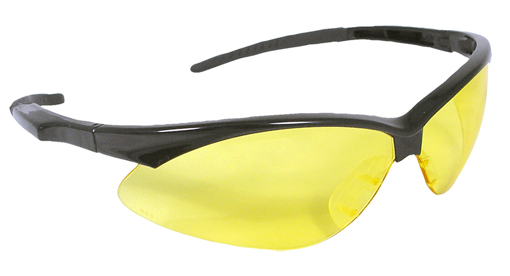 Black and yellow safety sunglasses for eye protection.