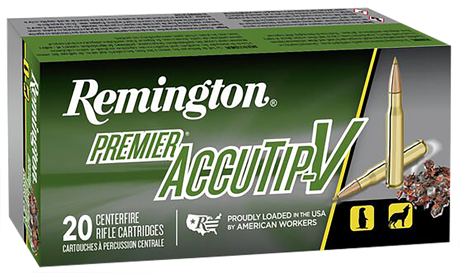 Remington Premier AccuTip-V rifle cartridges packaging.